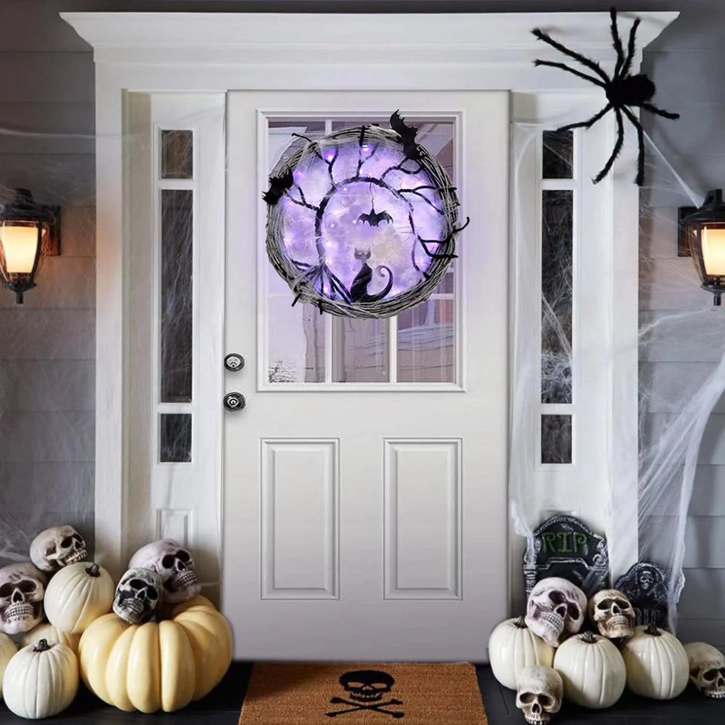 17.7Inch Lighted up Bat and Cat Halloween Wreath Decoration with Purple LED Lights,Battery Operated Horror Black Wreath Halloween Porch Decor