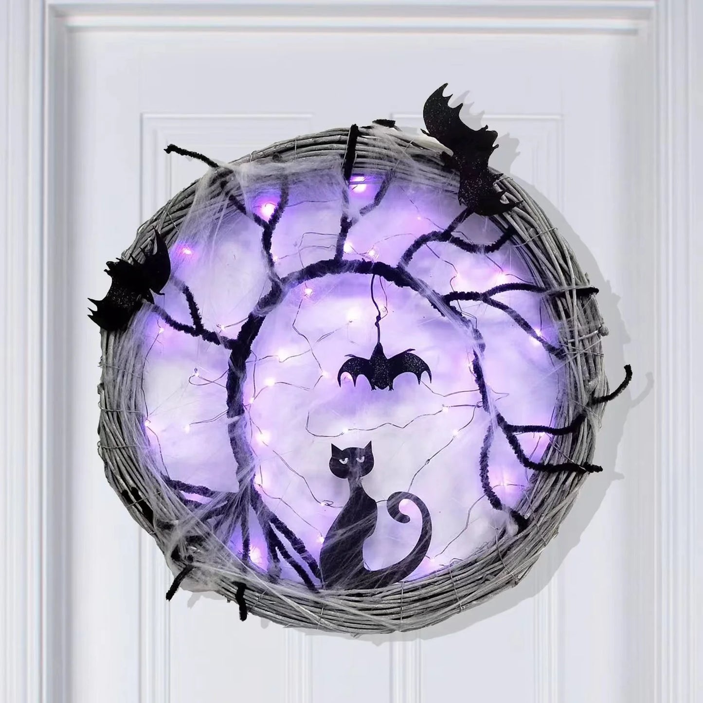17.7Inch Lighted up Bat and Cat Halloween Wreath Decoration with Purple LED Lights,Battery Operated Horror Black Wreath Halloween Porch Decor