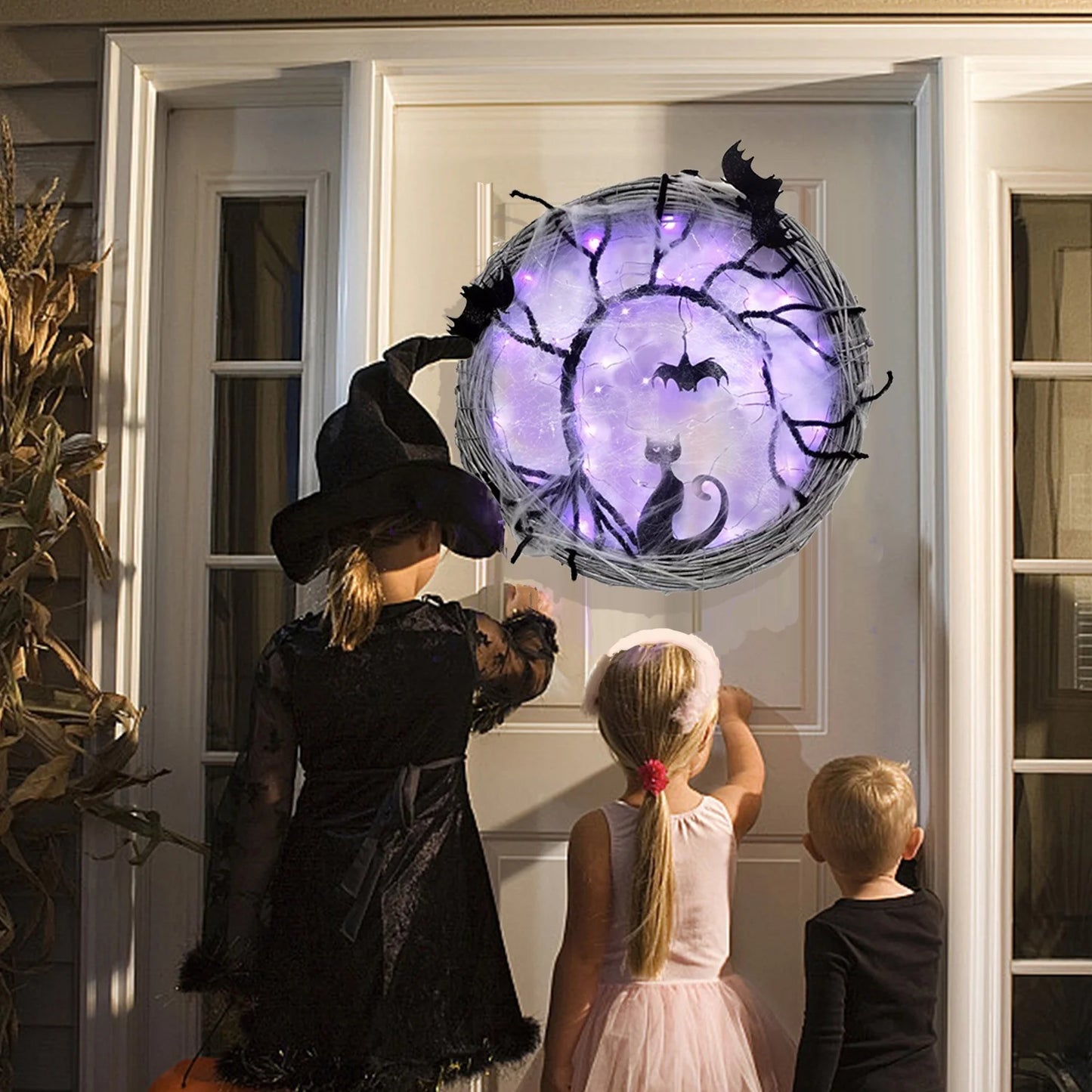 17.7Inch Lighted up Bat and Cat Halloween Wreath Decoration with Purple LED Lights,Battery Operated Horror Black Wreath Halloween Porch Decor