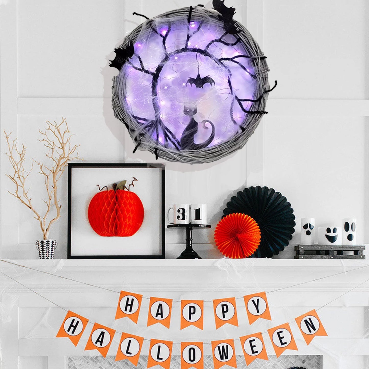 17.7Inch Lighted up Bat and Cat Halloween Wreath Decoration with Purple LED Lights,Battery Operated Horror Black Wreath Halloween Porch Decor
